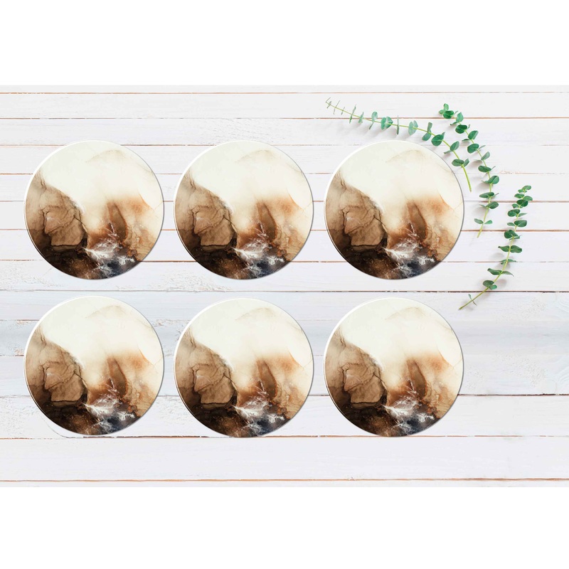 White & Brown Liquid Abstract Design Coasters Wood & Rubber - Set of 6 Coasters