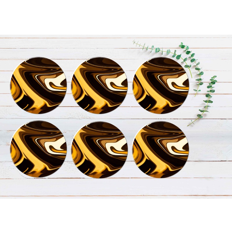 Yellow Brown Fluid Abstract Design Coasters Wood & Rubber - Set of 6 Coasters