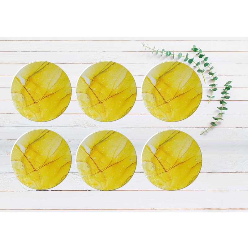Yellow & Gold Abstract Painting Coasters Wood & Rubber - Set of 6 Coasters