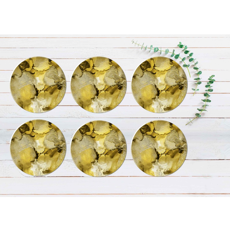 Yellow Gold Splash Marble Abstract Coasters Wood & Rubber - Set of 6 Coasters