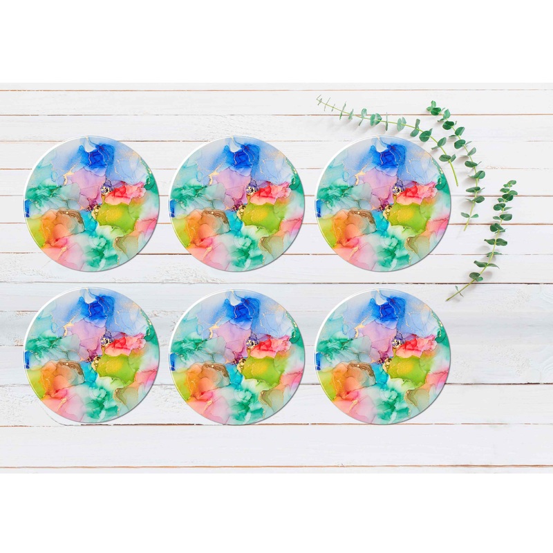 Yellow Green Pink Blue Abstract Coasters Wood & Rubber - Set of 6 Coasters