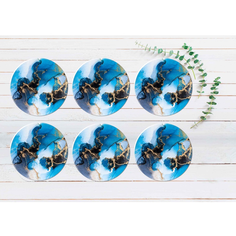 Yellow Orange Blue Watercolor Design Coasters Wood & Rubber - Set of 6 Coasters