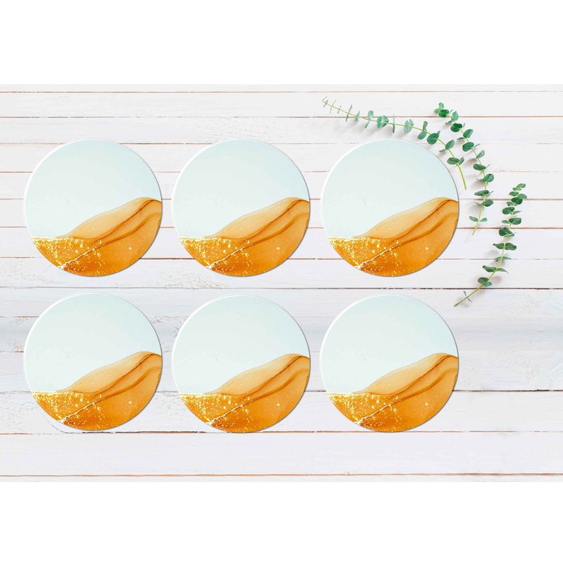 Yellow Orange & Gold Abstract Design Coasters Wood & Rubber - Set of 6 Coasters