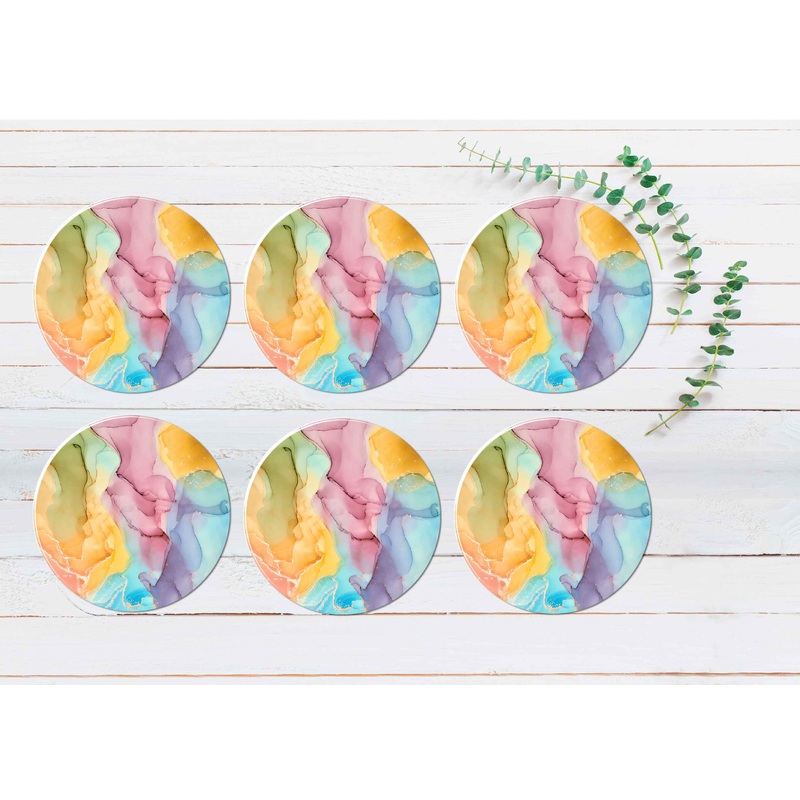 Yellow Pink Blue Orange Abstract Coasters Wood & Rubber - Set of 6 Coasters