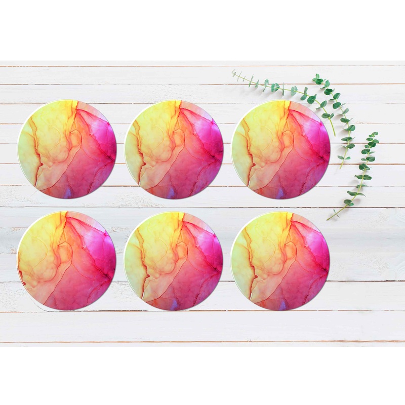 Yellow Pink Purple Abstract Design Coasters Wood & Rubber - Set of 6 Coasters