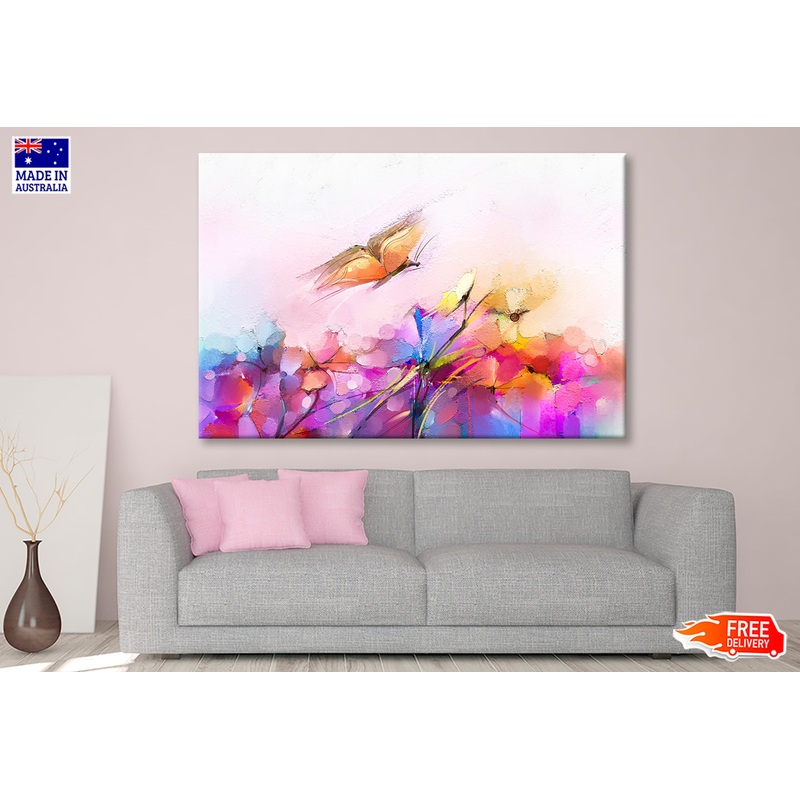 Abstract Butterfly Flying over Spring Flowers Painting Wall Art Limited Edition High Quality Print