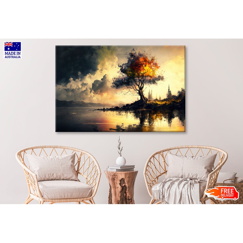Abstract Tree near Lake Cloudy Sky Oil Painting Wall Art Limited Edition High Quality Print