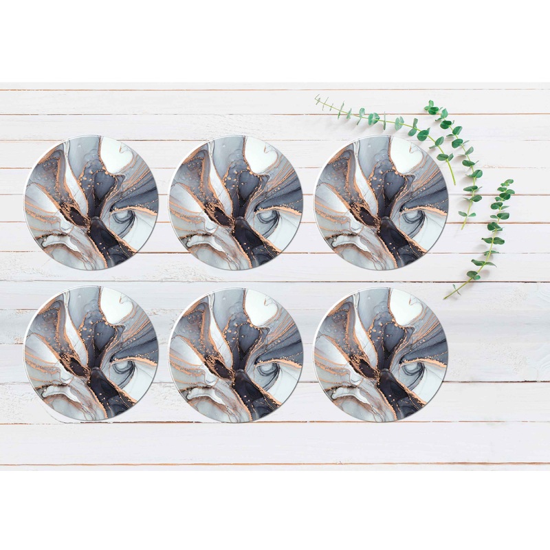 Beige Grey Abstract Marble Design Coasters Wood & Rubber - Set of 6 Coasters