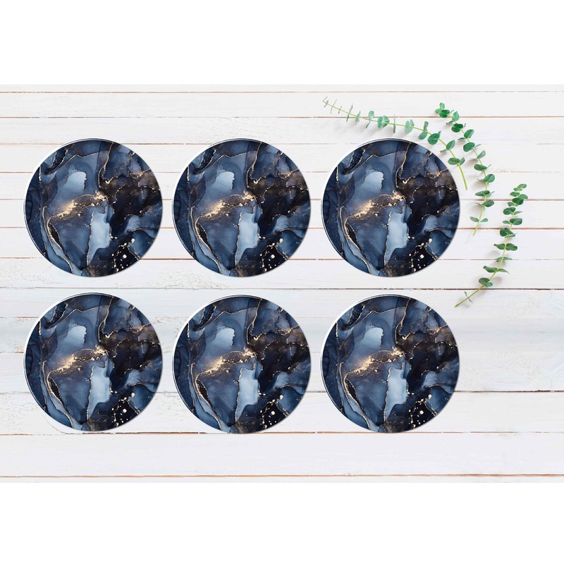 Black Blue & Gold Splash Abstract Coasters Wood & Rubber - Set of 6 Coasters