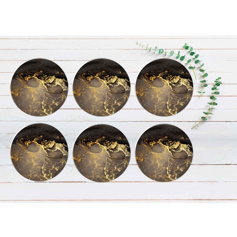 Black Gold Splash Marble Abstract Coasters Wood & Rubber - Set of 6 Coasters