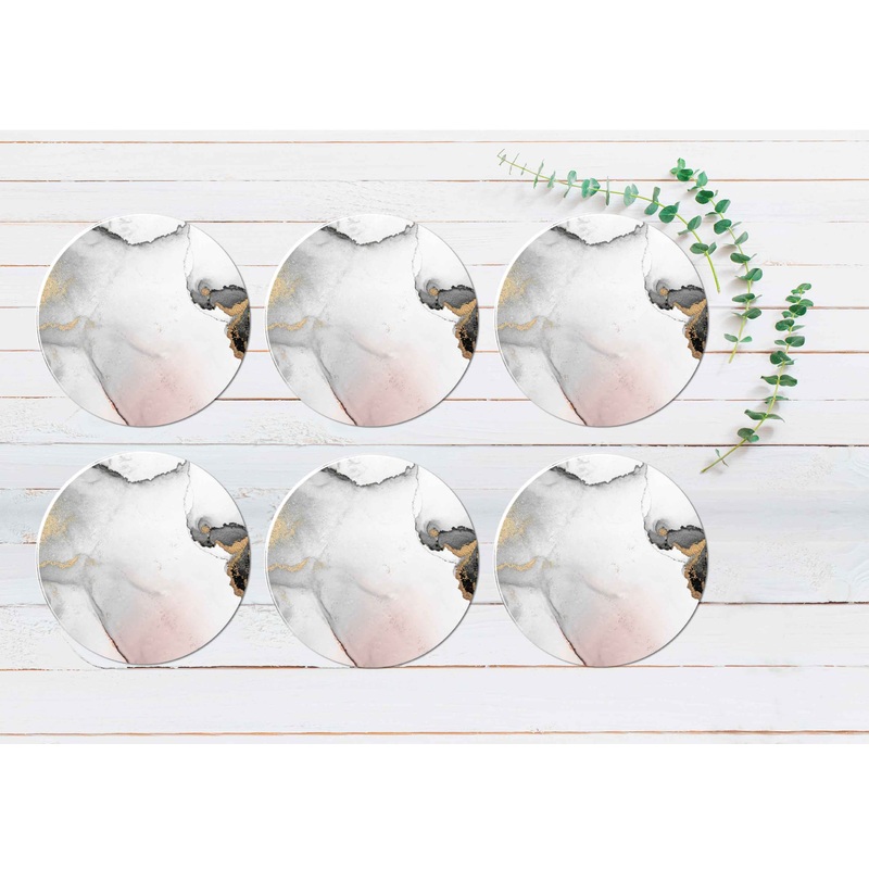 Black Grey Gold Splash Marble Design Coasters Wood & Rubber - Set of 6 Coasters