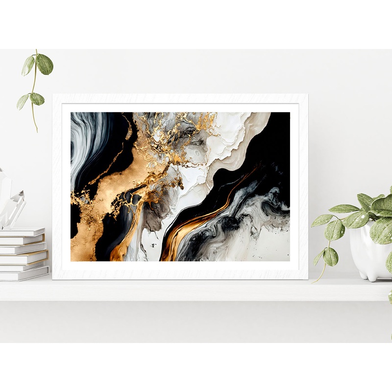 Black White & Gold Abstract Painting Glass Framed Wall Art, Ready to Hang Quality Print