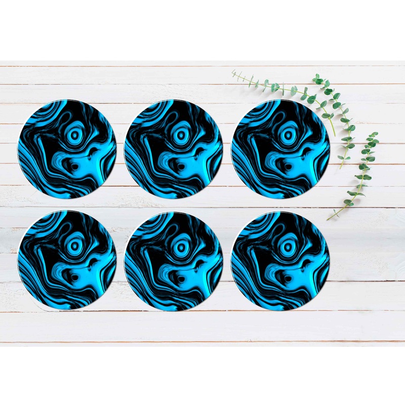 Blue & Black Abstract Coasters Wood & Rubber - Set of 6 Coasters