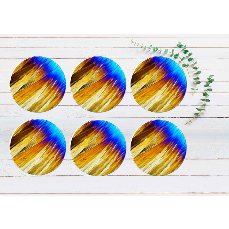 Blue & Gold Feather Abstract Coasters Wood & Rubber - Set of 6 Coasters