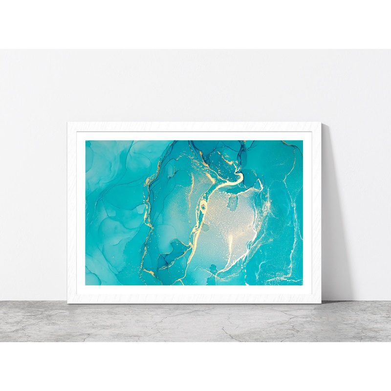 Blue & Gold Marble Painting Glass Framed Wall Art, Ready to Hang Quality Print