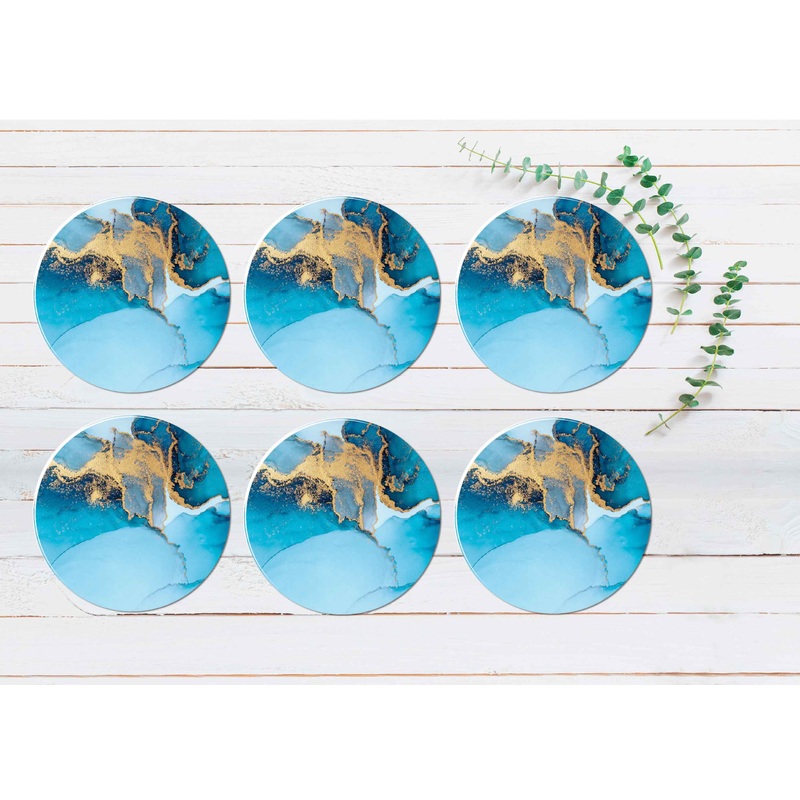 Blue & Gold Splash Marble Abstract Coasters Wood & Rubber - Set of 6 Coasters