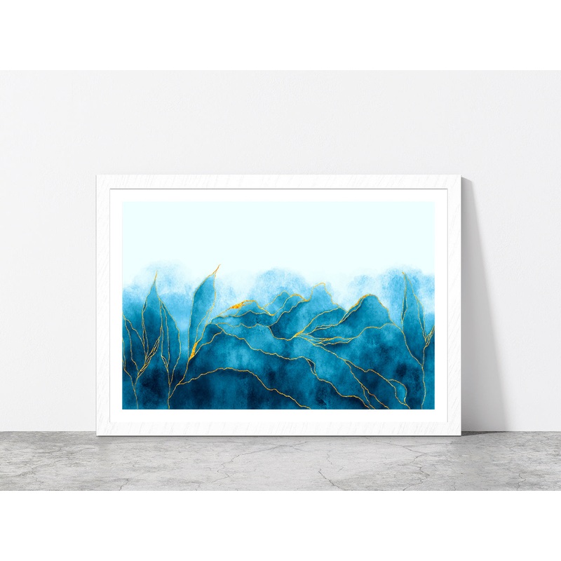 Blue & Gold Watercolor Paint Glass Framed Wall Art, Ready to Hang Quality Print