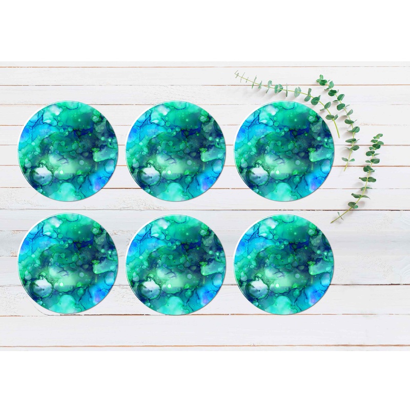 Blue & Green Ink Digital Abstract Coasters Wood & Rubber - Set of 6 Coasters