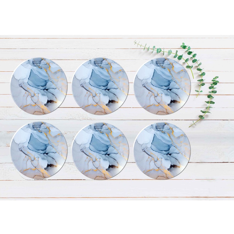 Blue Grey Gold Liquid Abstract Design Coasters Wood & Rubber - Set of 6 Coasters