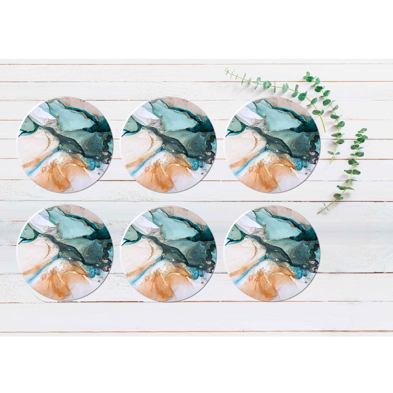 Blue Orange Liquid Abstract Design Coasters Wood & Rubber - Set of 6 Coasters