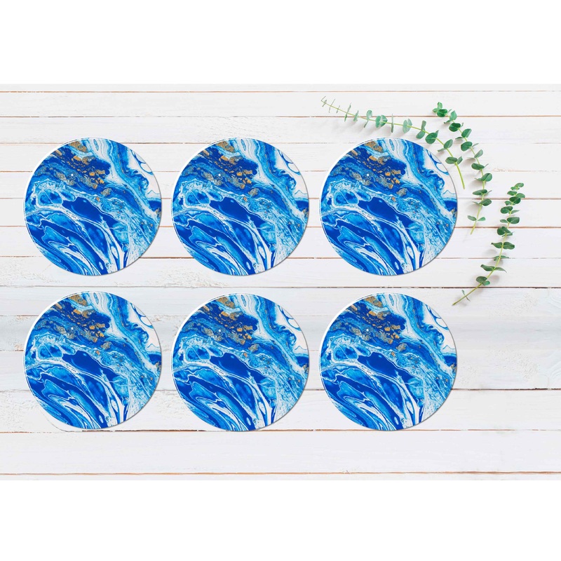 Blue White Gold Abstract Design Coasters Wood & Rubber - Set of 6 Coasters