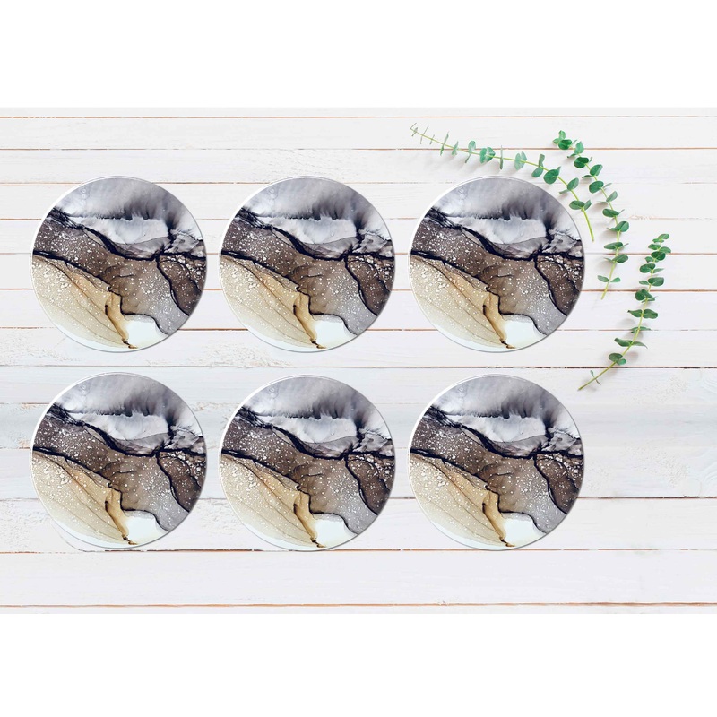 Brown Grey Liquid Abstract Design Coasters Wood & Rubber - Set of 6 Coasters