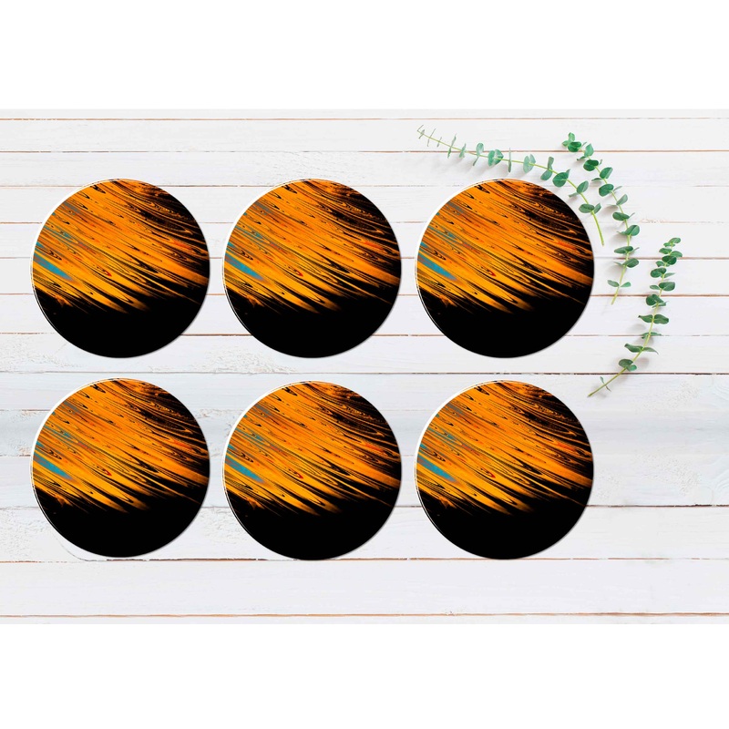 Orange, Blue & Black Abstract Coasters Wood & Rubber - Set of 6 Coasters