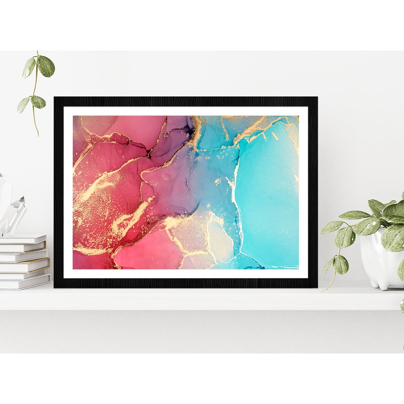 Pink Blue & Gold Abstract Paint Glass Framed Wall Art, Ready to Hang Quality Print