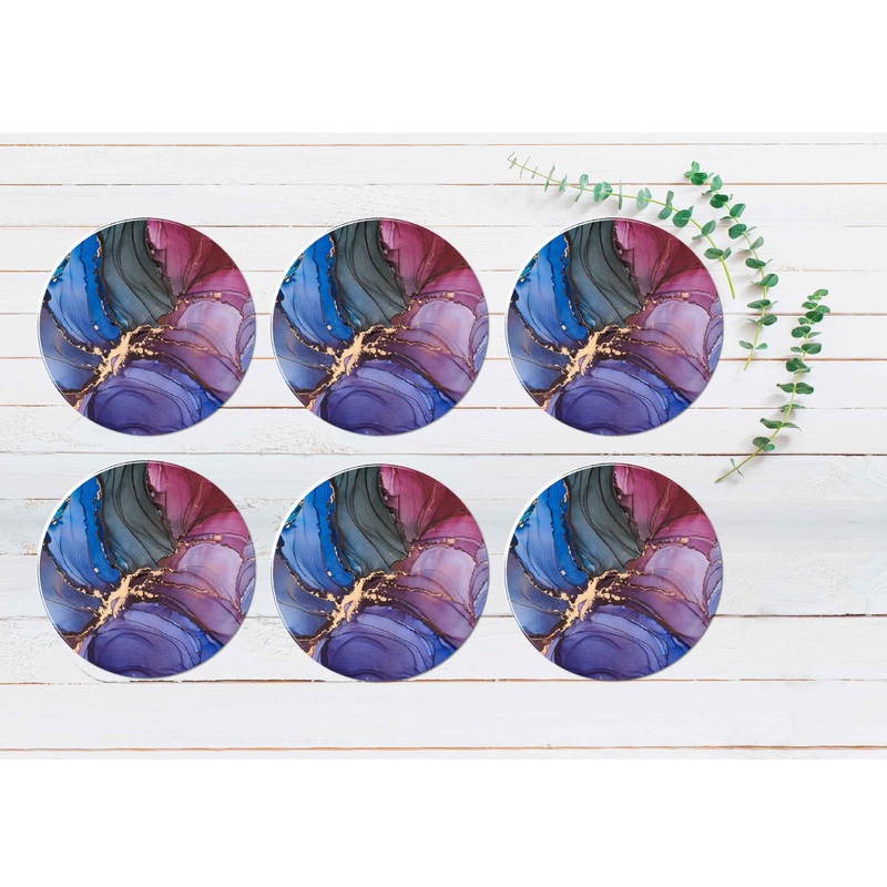 Purple Blue Pink Gold Abstract Design Coasters Wood & Rubber - Set of 6 Coasters