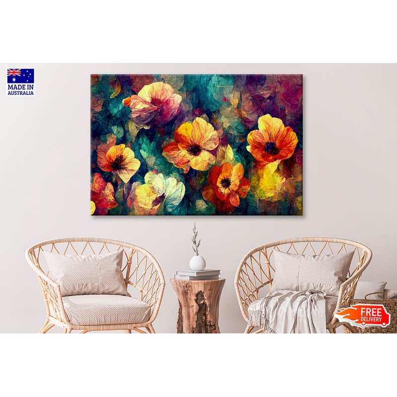Red Orange Blue Abstract Flowers Oil Painting Wall Art Limited Edition High Quality Print