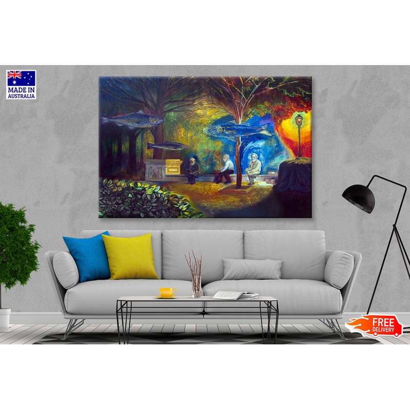 Three Old Men Sitting On A Bench & Fishes Floating On The  Above Oil Painting Limited Edition High Quality Print