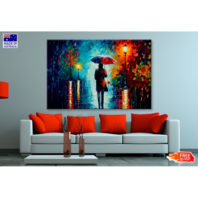 Walking In The Rain With Umbrella Oil Painting Wall Art Limited Edition High Quality Print