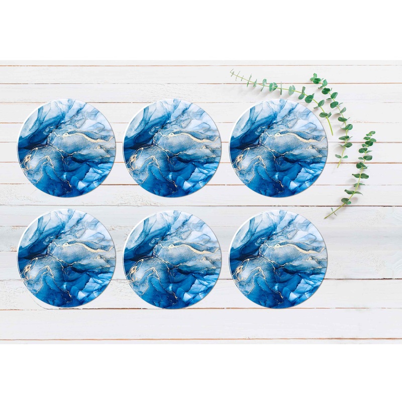 White Blue & Gold Liquid Abstract Coasters Wood & Rubber - Set of 6 Coasters