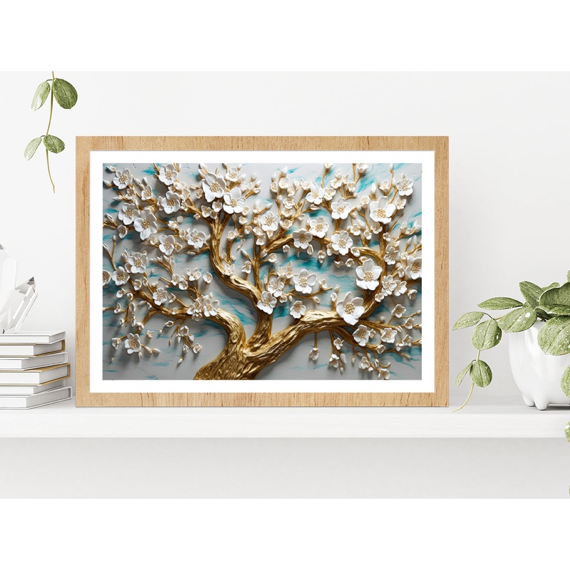 White Flowered Tree Painting Glass Framed Wall Art, Ready to Hang Quality Print