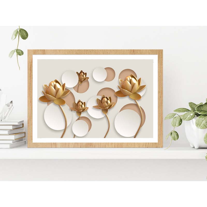 White & Gold 3D Floral Design Glass Framed Wall Art, Ready to Hang Quality Print