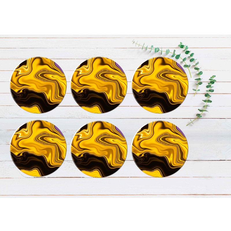 Yellow Gold Brown Fluid Abstract Coasters Wood & Rubber - Set of 6 Coasters
