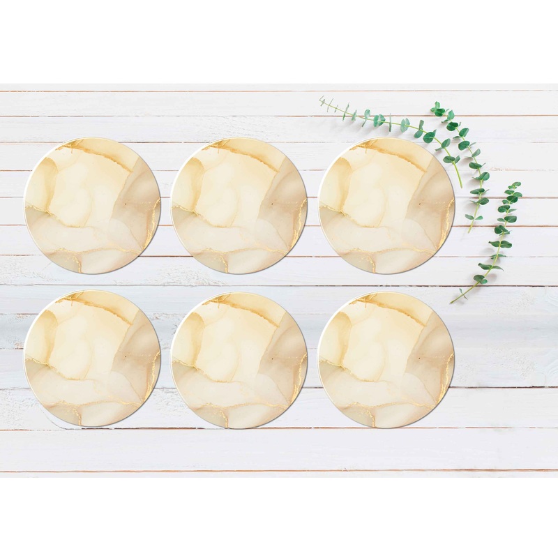 Yellow & Gold Marble Abstract Design Coasters Wood & Rubber - Set of 6 Coasters