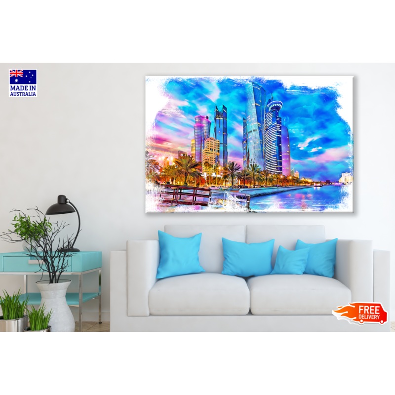 Abstract City with Palm Trees & River Print 100% Australian Made