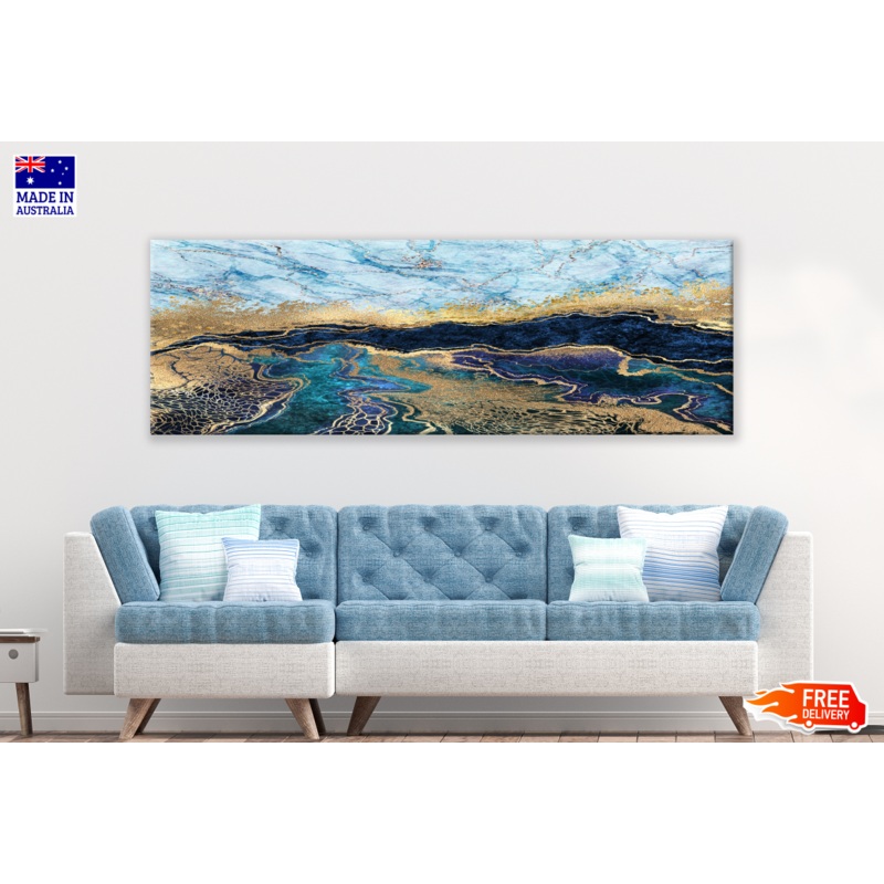 Panoramic Canvas Blue Gold Abstract Design High Quality 100% Australian made wall Canvas Print ready to hang