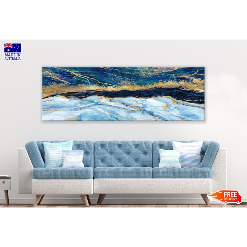 Panoramic Canvas Blue Gold Dark Blue Abstract Design High Quality 100% Australian made wall Canvas Print ready to hang