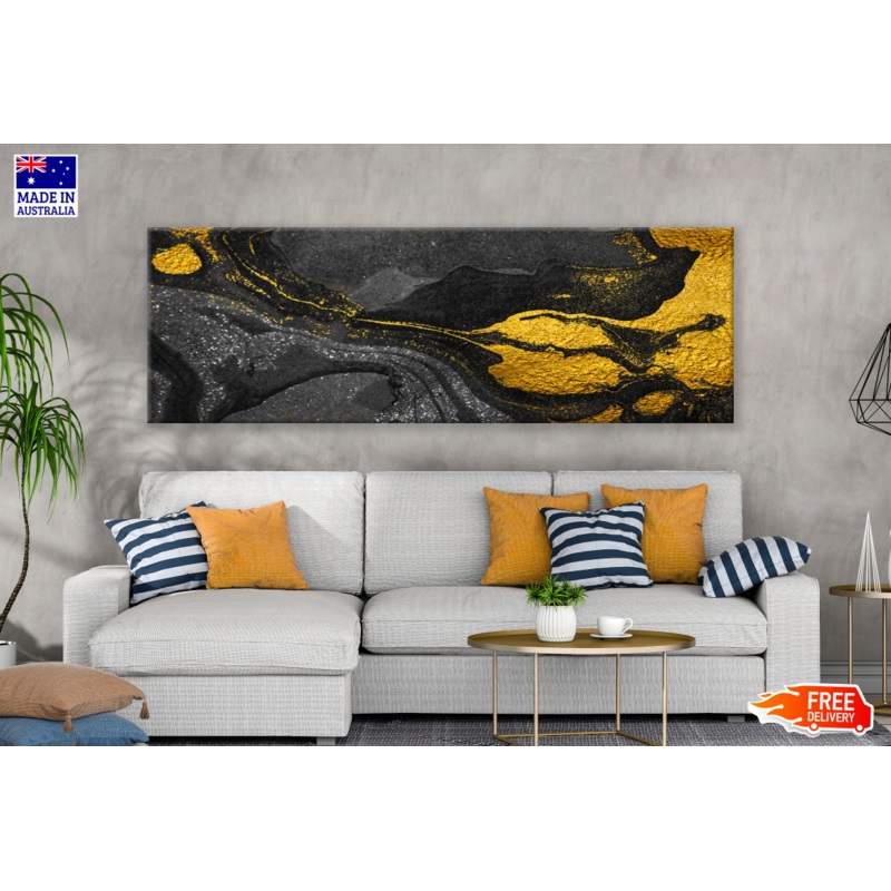 Panoramic Canvas Colourful Gold Black Abstract Design High Quality 100% Australian made wall Canvas Print ready to hang
