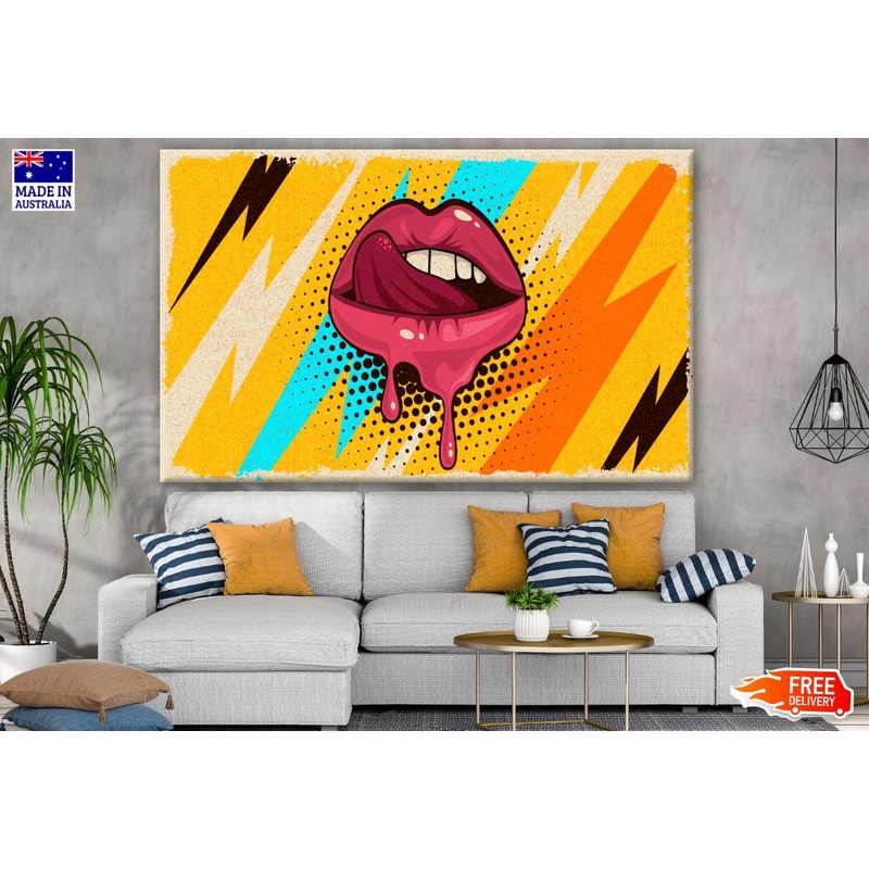 Pink, Red lips, Mouth & Tongue on Pop Art Retro Vintage Colorful Background Illustration Print 100% Australian Made
