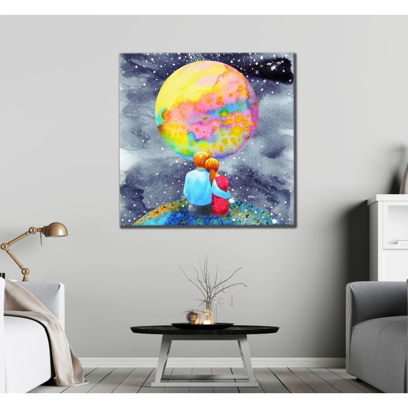 Square Canvas Couple & Planet Colorful Painting High Quality Print 100% Australian Made