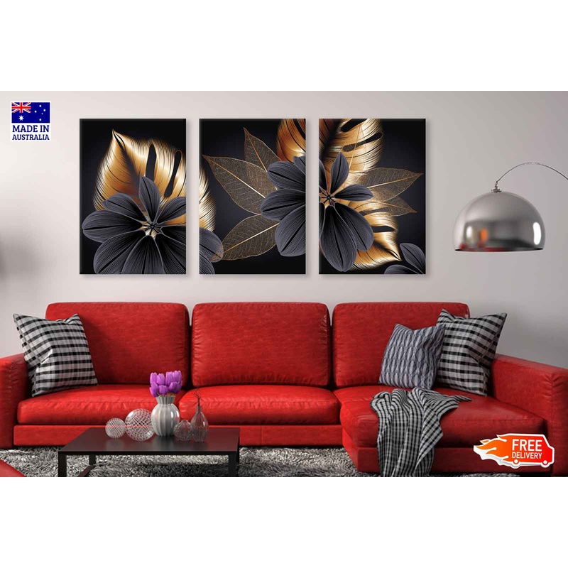 3 Set of Gold Floral Abstract High Quality Print 100% Australian Made Wall Canvas Ready to Hang