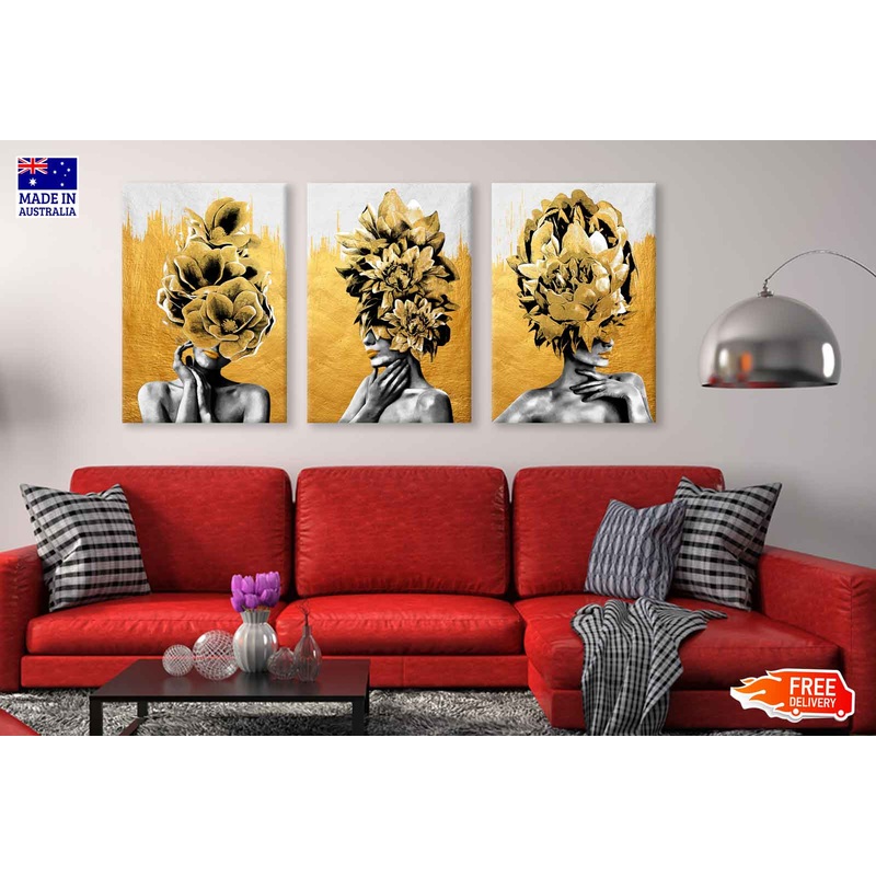 3 Set of Gold Girl Figure High Quality Print 100% Australian Made Wall Canvas Ready to Hang