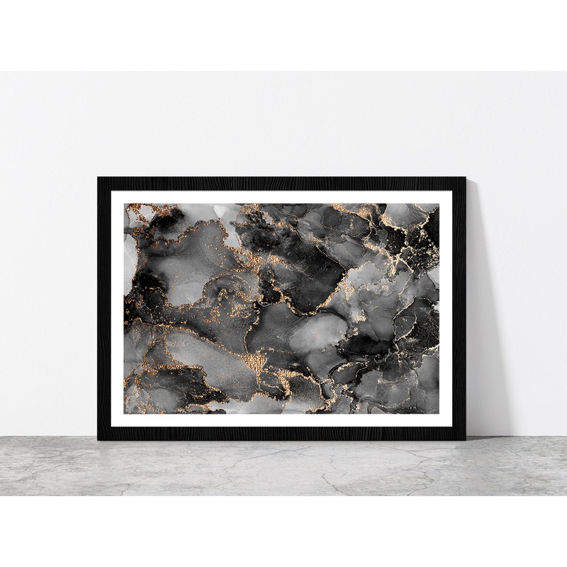 Alcohol Ink Grey & Gold Abstract Glass Framed Wall Art, Ready to Hang Quality Print