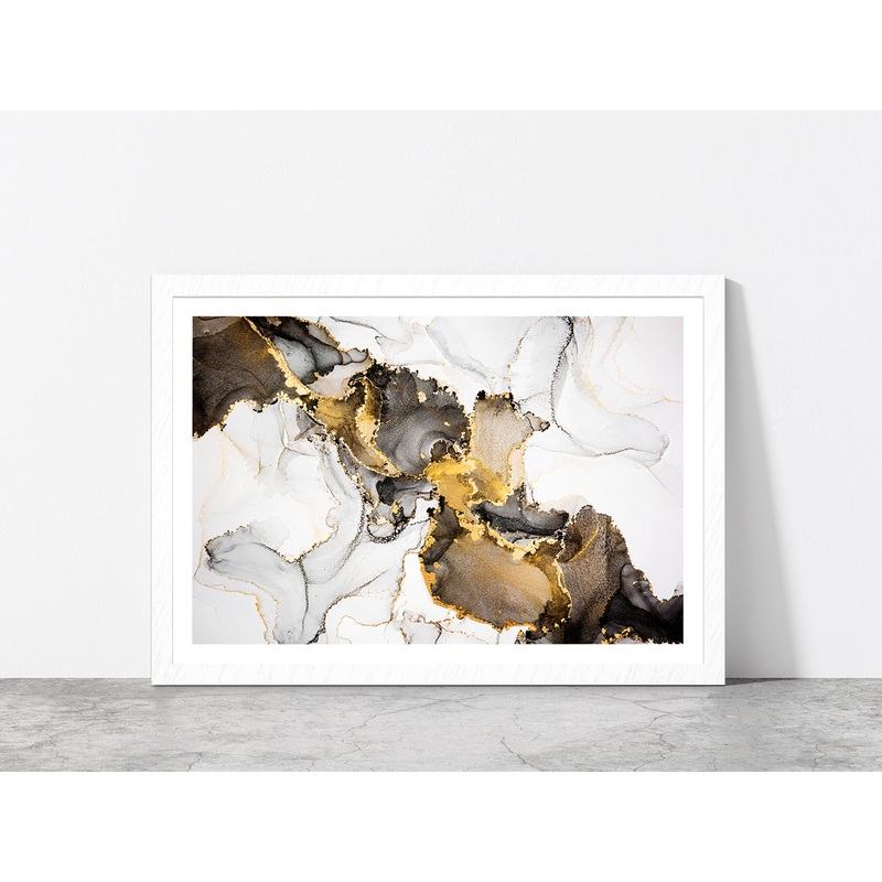 Black White & Gold Abstract Glass Framed Wall Art, Ready to Hang Quality Print