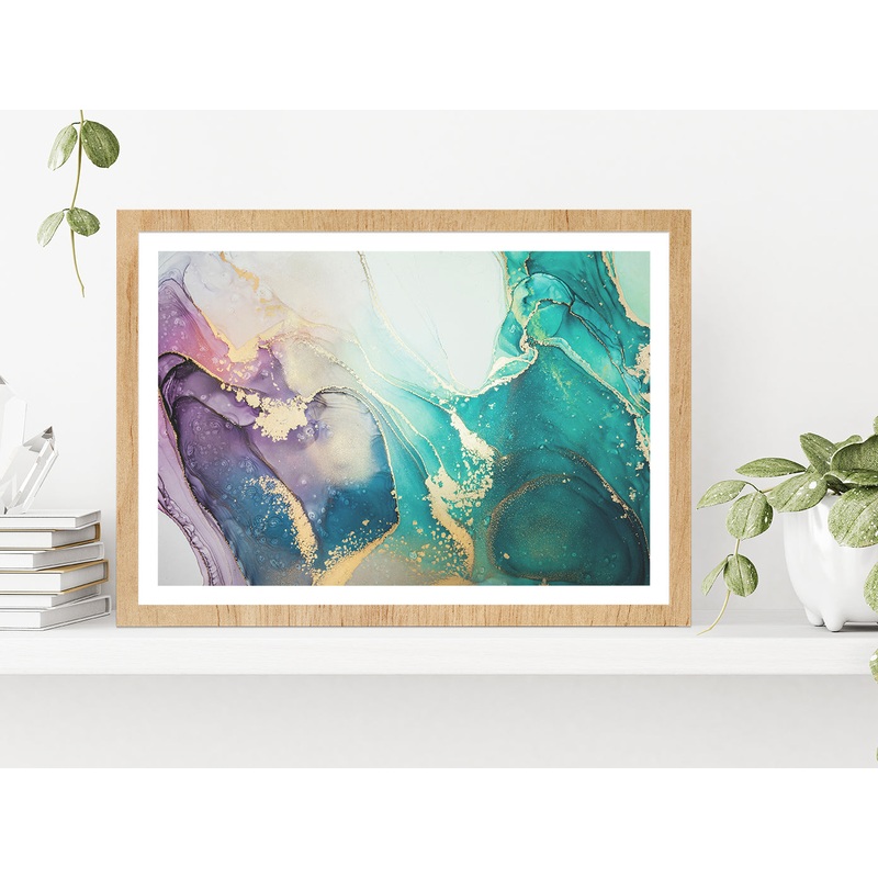 Blue Pink Gold Abstract Fluid Art Glass Framed Wall Art, Ready to Hang Quality Print