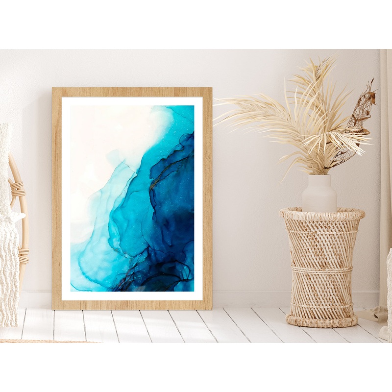Blue & White Liquid Abstract Art Glass Framed Wall Art, Ready to Hang Quality Print