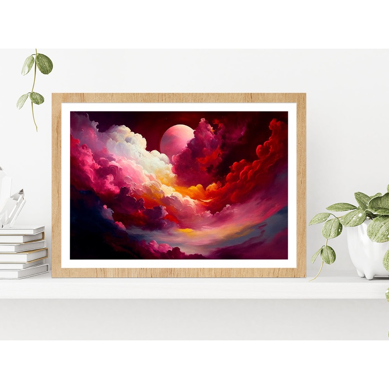 Red Mixed Colorful Cloudy Sky With Moon Glass Framed Wall Art, Ready to Hang Quality Print